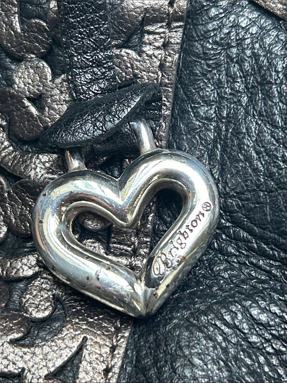 Brighton Black Leather Shoulder Bag with Brown Trim and Heart Charm - Picture 9 of 14